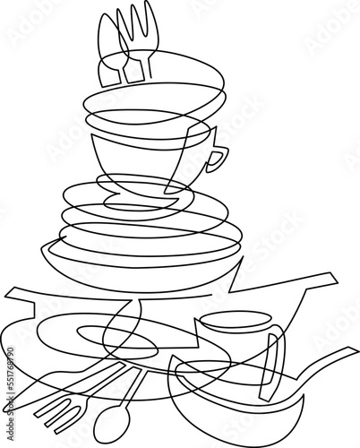 Stack of unwashed dishes. Still life on the kitchen table. Continuous line drawing. Vector illustration