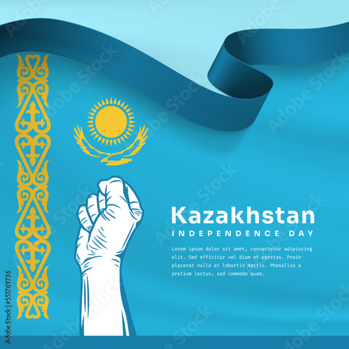 Square Banner illustration of Kazakhstan independence day celebration with text space. Waving flag and hands clenched. Vector illustration.