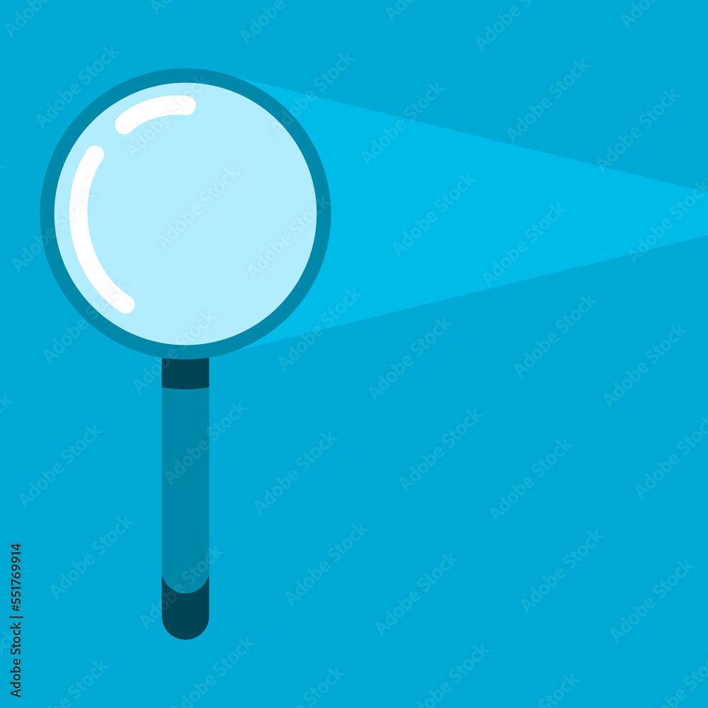 Magnifying glass zoom on blue background flat vector design.