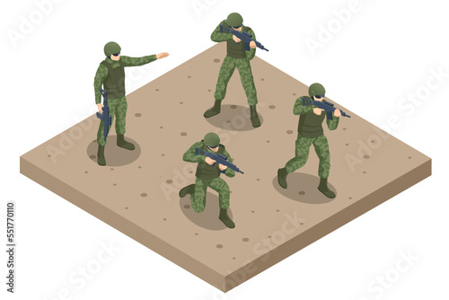 Isometric Attack Soldiers. Special force crew. Military concept for army, soldiers and war. Soldier holding a rifle