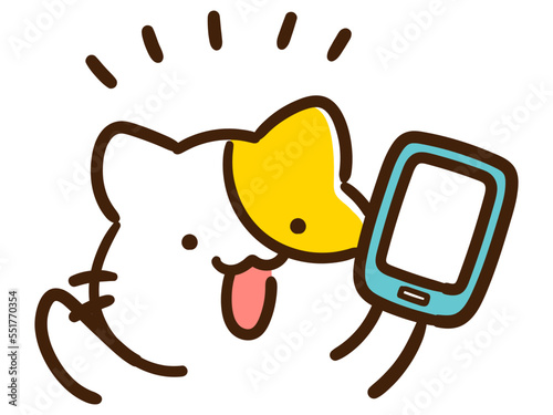 スマホを持って喜ぶかわいいねこのキャラクターの手書き風イラスト