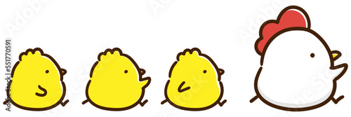 右方向へ並んで進むかわいいにわとりとひよこ親子のかわいいイラスト
