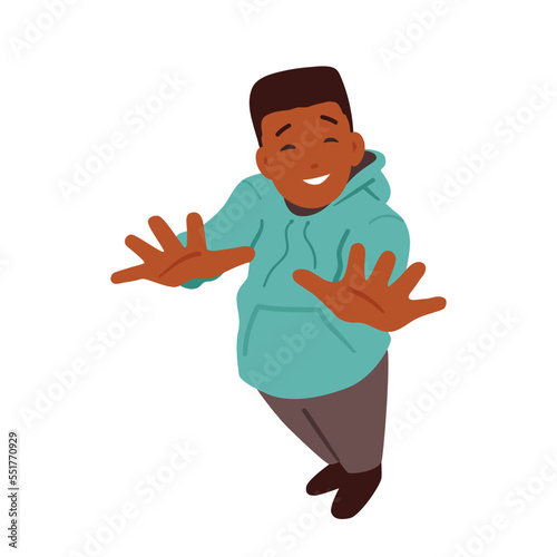 Happy Black Boy Looking Up and Waving Hands Isolated on White Background. Cheerful Friendly Child Character Smile