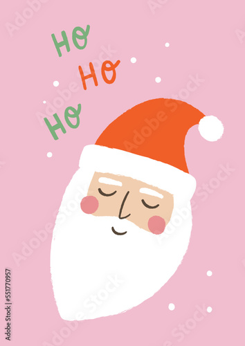 Simple Style Hand Drawn Santa Claus Cartoon Character On Pink Background And ”Ho, Ho, Ho”  Handlettering. Ideal For Holiday Poster, Greeting Card Or T-Shirt Print. Isolated Elements.
