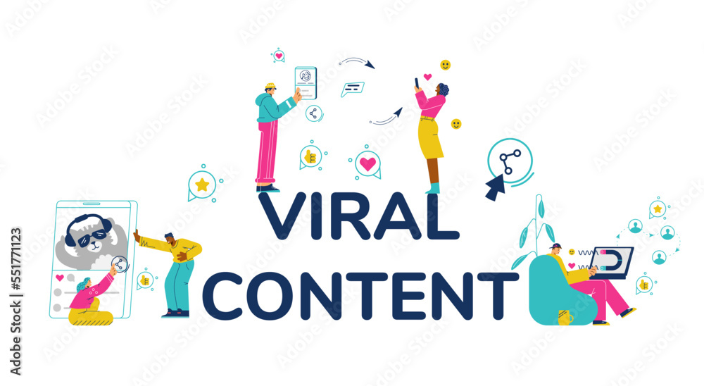 Happy people watching viral content flat style, vector illustration