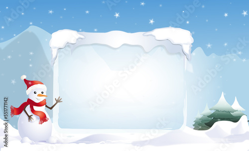 bonhomme de neige  dans la neige devant un panneau glacé - illustration paysage  enneigé