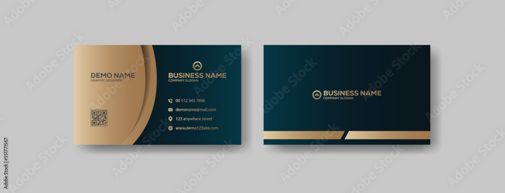 Dark blue and golden modern corporate business card template design. Simple clean creative business card template