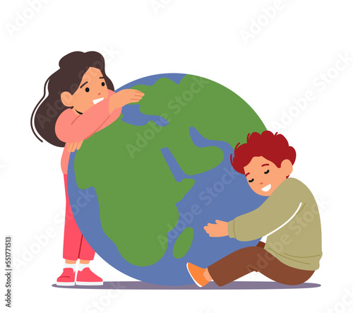 Kids Hugging Earth Planet. Little Boy and Girl Characters Embrace with Love Sphere with Continents and Oceans