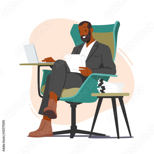 Writer Or Editor Black Character Sitting At Armchair Typing Article On Laptop. Creative Person Writing Or Editing Text