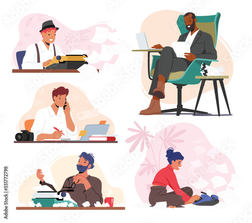 Set of Writer or Editor Male Female Characters. Creative Persons Writing or Editing Text. Authors Sitting at Workplace