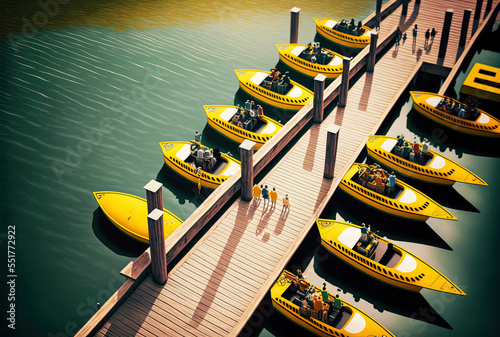 View from a high perspective of the yellow pedal boats as they approach the wooden pier on the still lake.. Generative AI