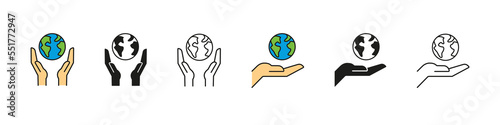 Earth in hands. Save planet icon. Earth day logo. Eco globe sign