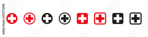 Red cross icon. Medical first aid sign. Emergency hospital logo. Isolated on white background.