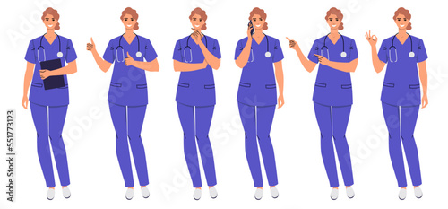 Nurse stands in different positions and with different gestures. Doctor thinks, calls, thumbs up, index fingers, OK. Set of smiling medical workers in flat style. Vector isolated on white.