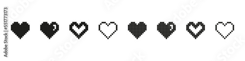 Heart pixel icon. Love game vector set. Valentine day 8 bit symbol. Heart gamer health sign.  Happy valentine digital pixel icon.