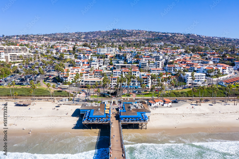 Aerial view of San Clemente California with pier and beach sea vacation in the United States