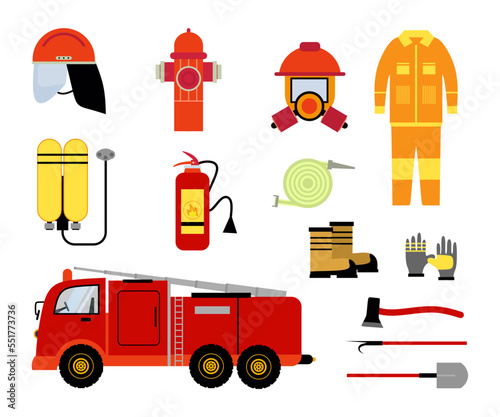 Fire equipment elements with hydrants, axe , mask, extinguisher, nozzle, truck, boat and gloves.
