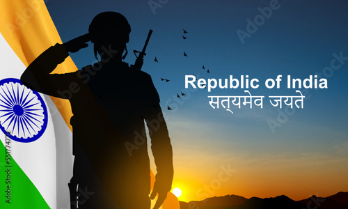 Silhouette of soldier with India flag on a background the sunset or the sunrise. Greeting card for Independence day, Republic Day, Vijay Diwas. EPS10 vector