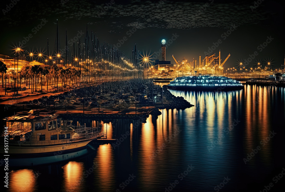 Barcelona's Port at night. Generative AI