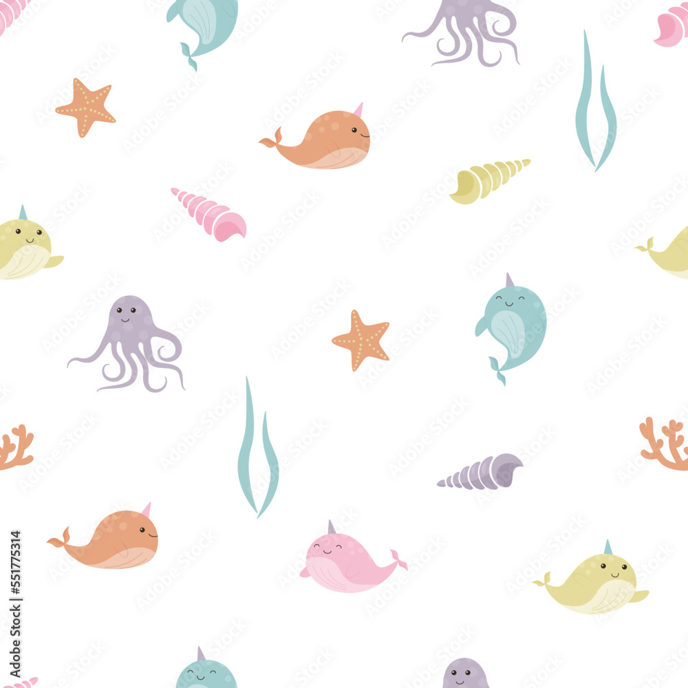 marine seamless pattern with cute cartoon narwhal, sea shell and star fish