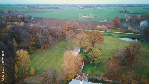 Eleja Manor Park and Tea House in Autumn. The Manor Complex Was Designed in the Beginning of the 19th Century in the Style of the Classicism. Aerial Dron Shot. The Castles Old Brick Walls photo