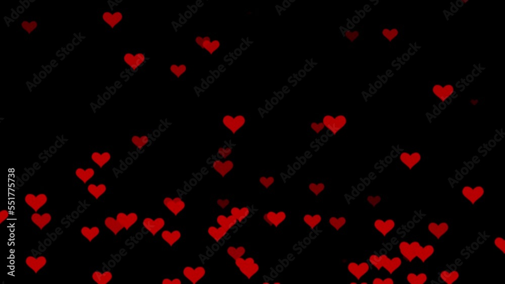 Red heart particles rising through the black screen. Heart particle effect for digital composition, wedding, love, pixie, courtship, marriage alliance, marriage