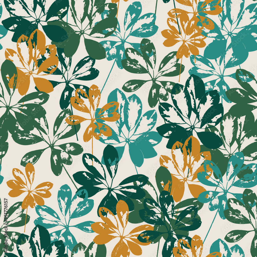 Schefflera Plant. Decorative seamless pattern. Repeating background. Tileable wallpaper print.