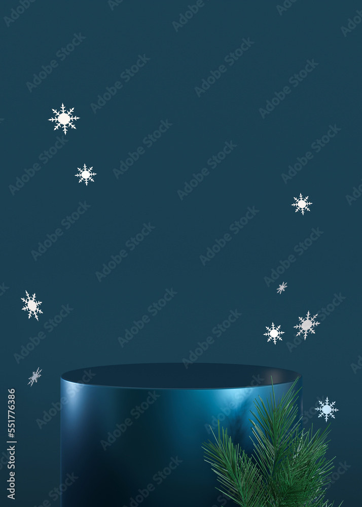 Podium with Christmas decoration on dark blue background. Xmas composition. Elegant scene for product, cosmetic presentation. Luxury mock up. Pedestal, platform for beauty products. 3D render.