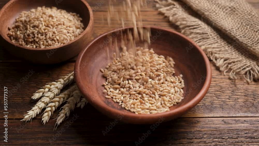 Wheat grains falling in slow motion, agriculture, food concept Wheat grains falling in slow motion, agriculture, food concept