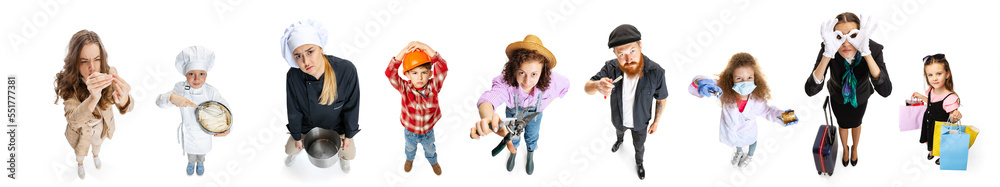 Set of different people of different professions standing in a line on white background. Seamstress, chef, builder, gardener, hairdresser, doctor, stewardess, shopaholic Set of different people of different professions standing in a line on white background. Seamstress, chef, builder, gardener, hairdresser, doctor, stewardess, shopaholic