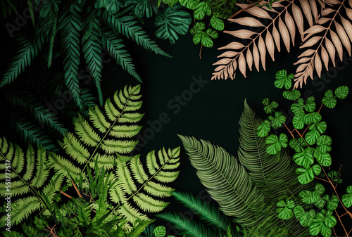 ferns and leaves in a top view with copy space. Generative AI