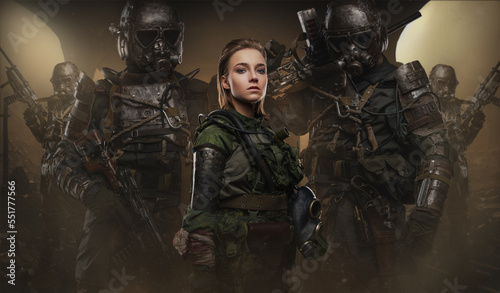 Portrait of military group survived after cataclysm in abandoned ruins.