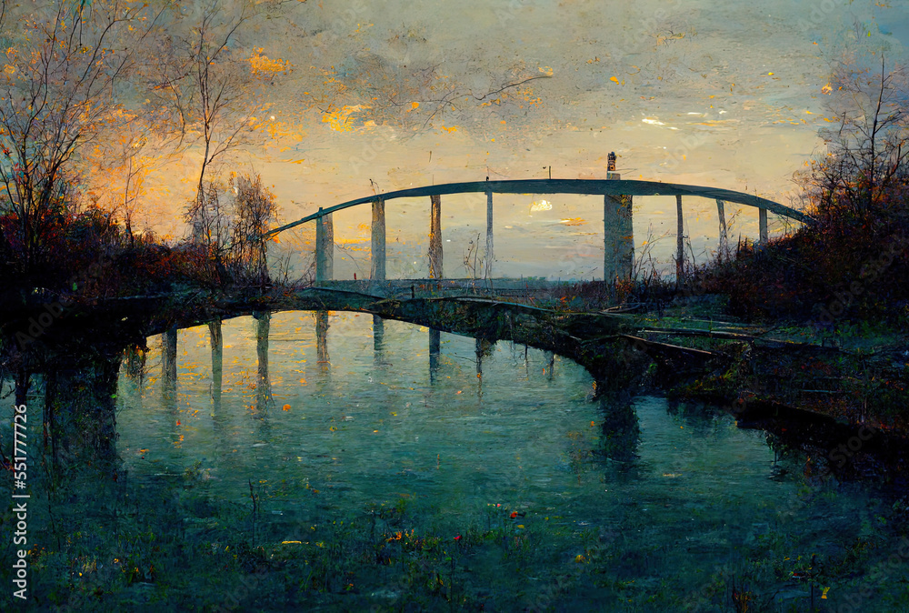 bridge and the water at dusk. Generative AI
