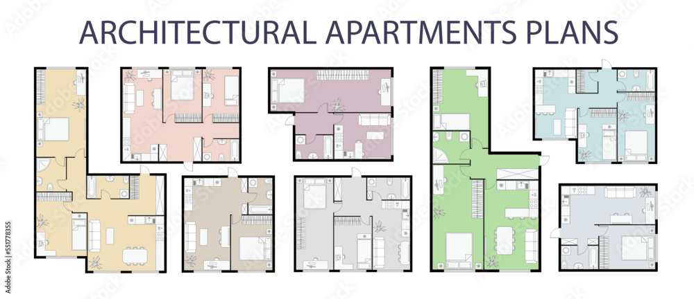 Floor Plan Color Set Architectural Apartment Project One Two Bedroom