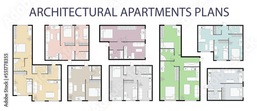 Floor plan color set. Architectural apartment project. One, two bedroom apartments. Interior design elements kitchen, bedroom, bathroom with icon symbols furniture. Vector architecture 2d floor plan.