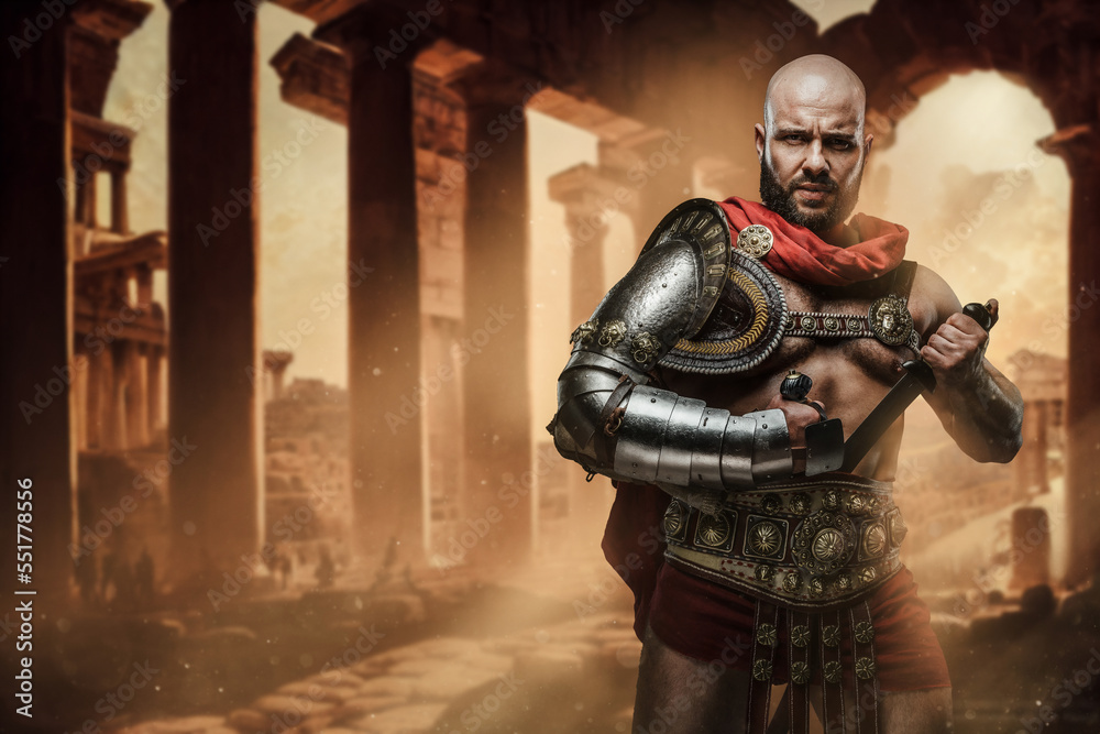 Portrait of bearded gladiator dressed in armor holding two swords on ancient ruins. Portrait of bearded gladiator dressed in armor holding two swords on ancient ruins.