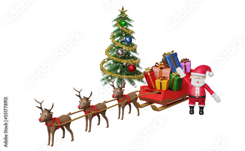 reindeer sleigh with santa claus, gift box, christmas tree isolated. website or poster or Happiness cards, banner and festive New Year, 3d illustration or 3d render