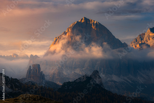 Cinque Torri and Tofana mountains view during sunset from Giau Pass, Cortina d'Ampezzo, Belluno province, Veneto, Italy.