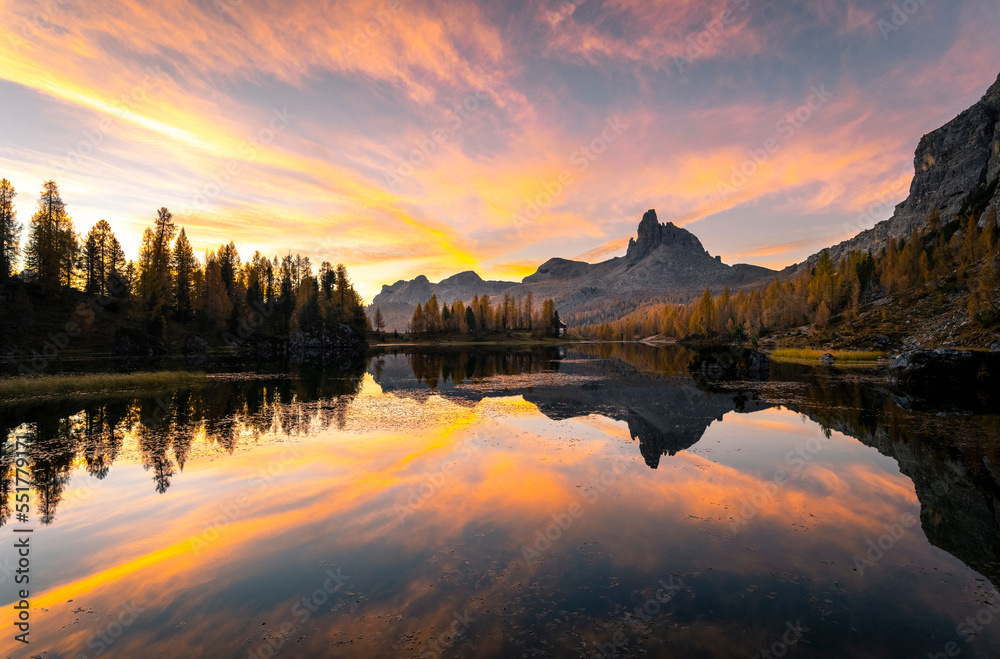 Federa lake during sunrise, with autumnal colors. Federa Lake, Cortina d'Ampezzo, Belluno province, Veneto, Italy
