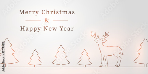 Merry Christmas and Happy New Year. Silhouette of a deer in a coniferous forest. Abstract festive background for design. Amazing winter holiday card. Vector illustration.