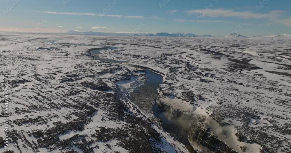 aerial view from high altitude on detifoss waterfall aerial view from high altitude on detifoss waterfall