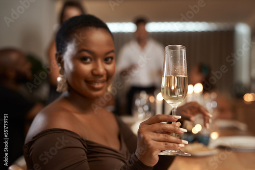 Canvas Print Portrait, drink and woman at a dinner party celebrating with friends over a delicious meal