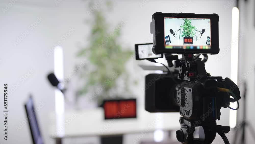 Streaming podcast studio on white background from behind the camera 4K Streaming podcast studio on white background from behind the camera 4K