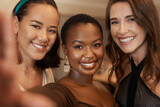 Portrait, women or friends take a selfie at a party in celebration of New Years or social event on holiday vacation. Smile, faces or black woman taking pictures with happy people for social media