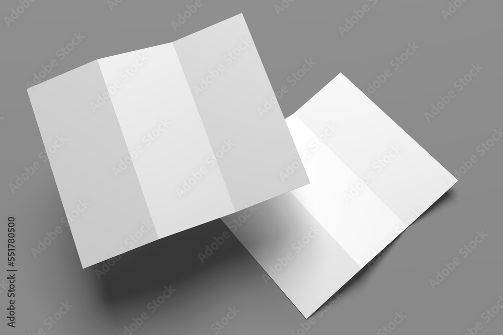 3D realistically rendered tri-fold brochure mockup drawing. Two brochure mockups standing on isolated gray background. 3D realistically rendered tri-fold brochure mockup drawing. Two brochure mockups standing on isolated gray background.