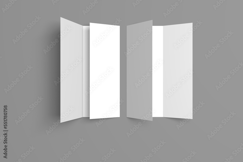 3D realistically rendered tri-fold brochure mockup drawing. Two brochure mockups standing on isolated gray background. 3D realistically rendered tri-fold brochure mockup drawing. Two brochure mockups standing on isolated gray background.