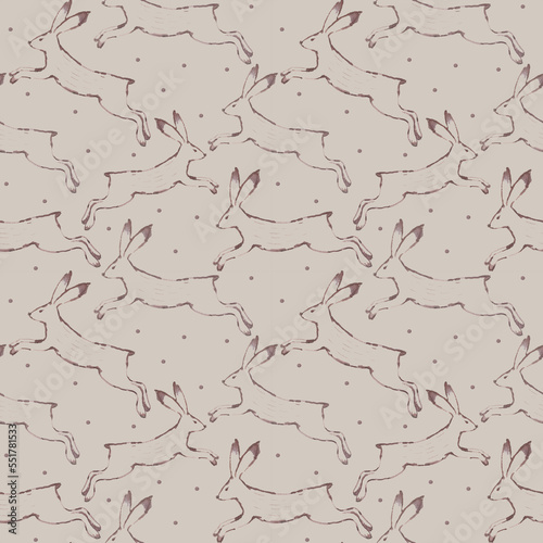 Watercolor pattern with bunnies, vintage pattern with a hare. Christmas pattern on a beige background. Ideal for printing on wrapping paper, fabric, postcards