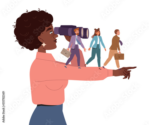 Woman Leader with Binoculars and Outstretched Arm Showing Way Leading Team to Future Directing and Navigating Vector Illustration