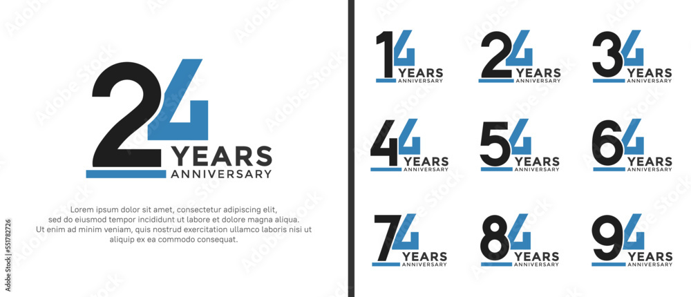 set of anniversary logo style flat black and blue color for celebration