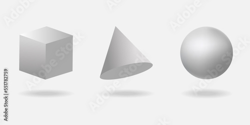 Geometric 3d shapes of sphere, cone and cube. Basic three-dimensional geometry of figures for training, Realistic vector illustration, a set of icons